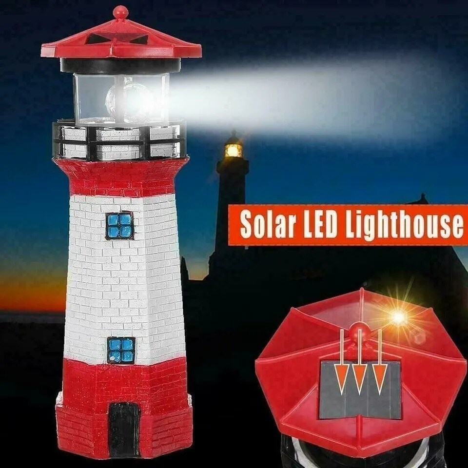 Solar Powered Lighthouse Lawn Ornament LED Light up Garden Backyard Decor