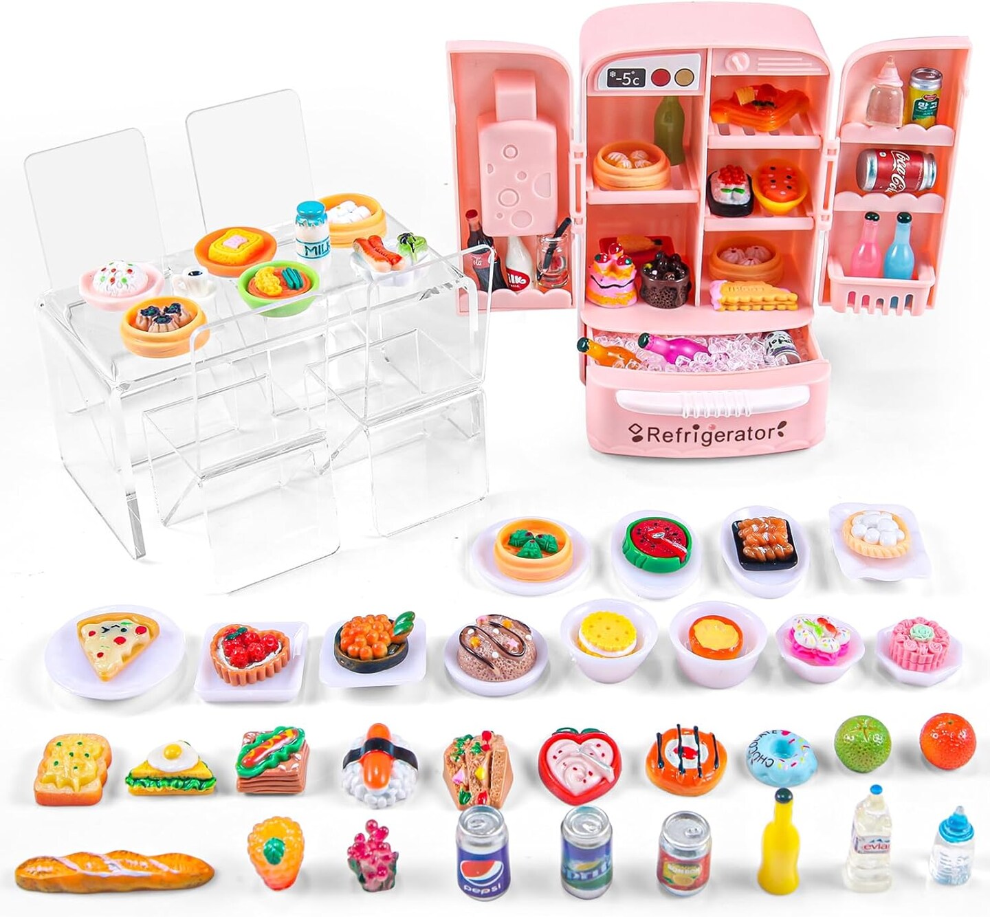 95 Pieces Dollhouse Refrigerator Mini Fridge Table Dining Car Toy with Food Set Kitchen Furniture Miniatures. Party Fruits Juice Milk Desserts for Children: Drink Cake, Pretend Play, and Fake Ice Cubes