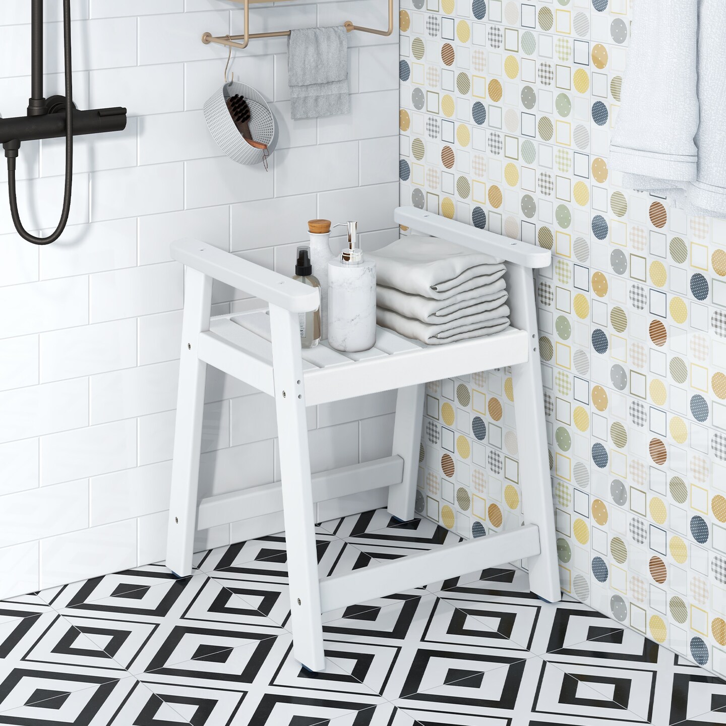 Shower Bench with Arms for Inside Shower Shaving Legs with Non-Slip Rubber Foot-pads