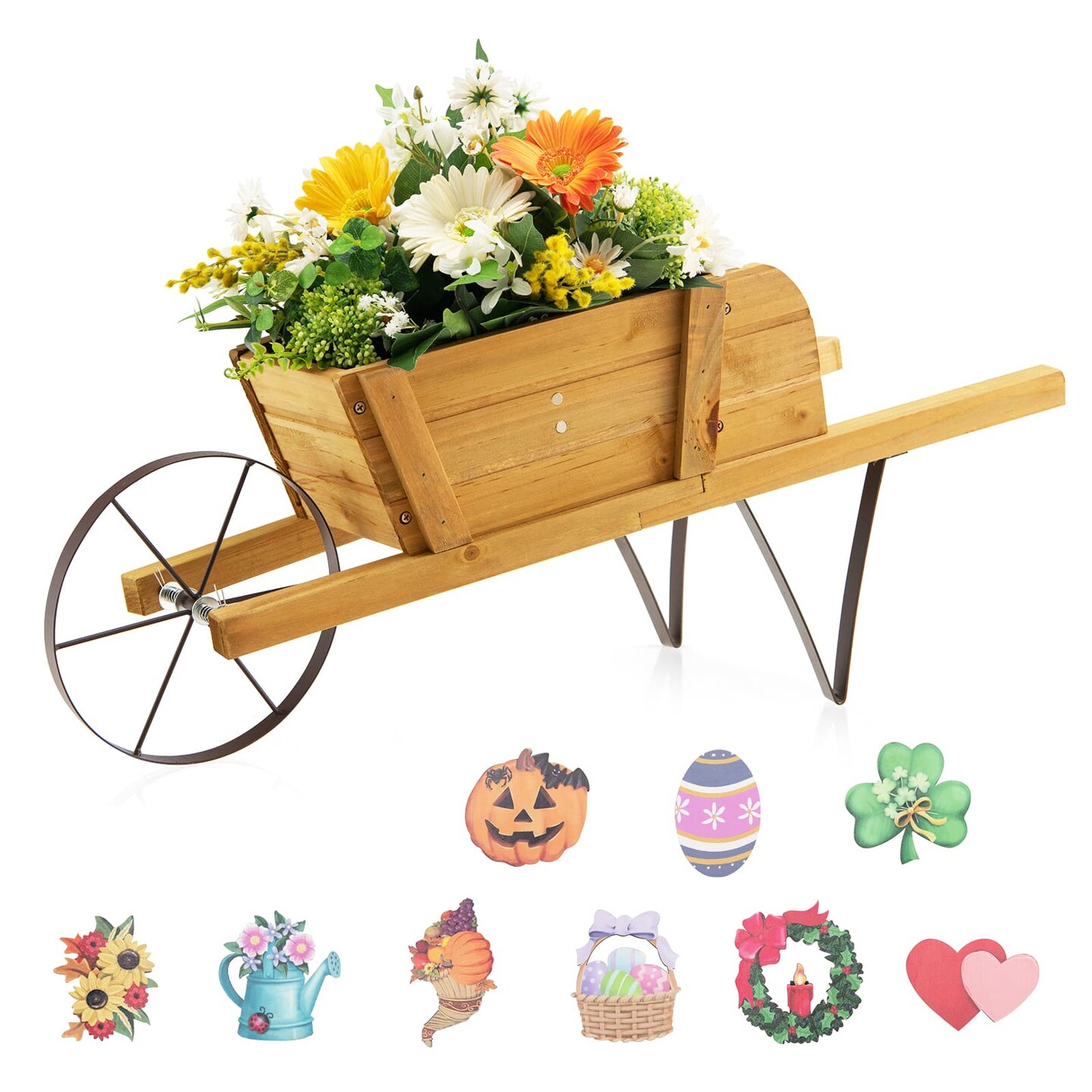 Wooden Wagon Planter With 9 Magnetic Accessories For Garden Yard