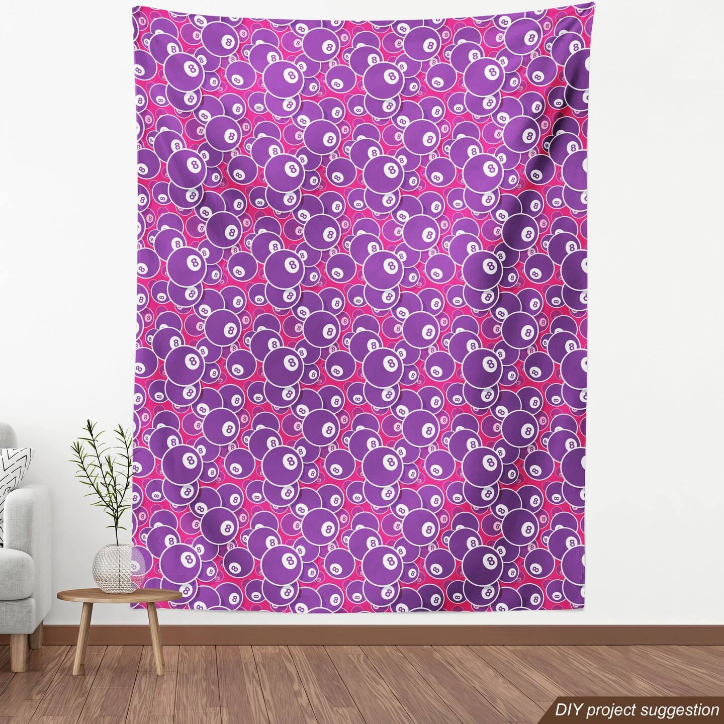 Ambesonne Billiards Fabric by the Yard, Pool Snooker and Balls with Lucky Number 8 Cue Sports Game Design, Decorative Fabric for Upholstery and Home Accents, Magenta Purple and White