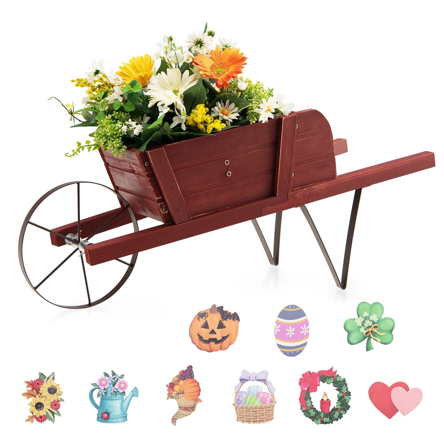 Wooden Wagon Planter With 9 Magnetic Accessories For Garden Yard