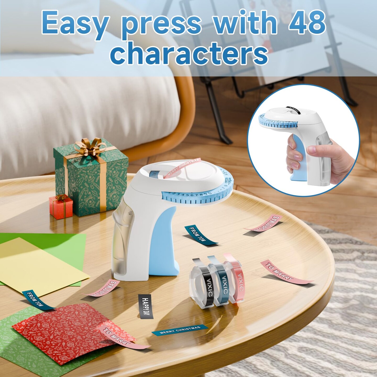 Embossing Label Maker Machine with Tapes, Portable Retro Embossed Label Maker, Vintage Mini Embosser Labeler, Handheld Label Printer for Home, Office and Outdoor, Blue