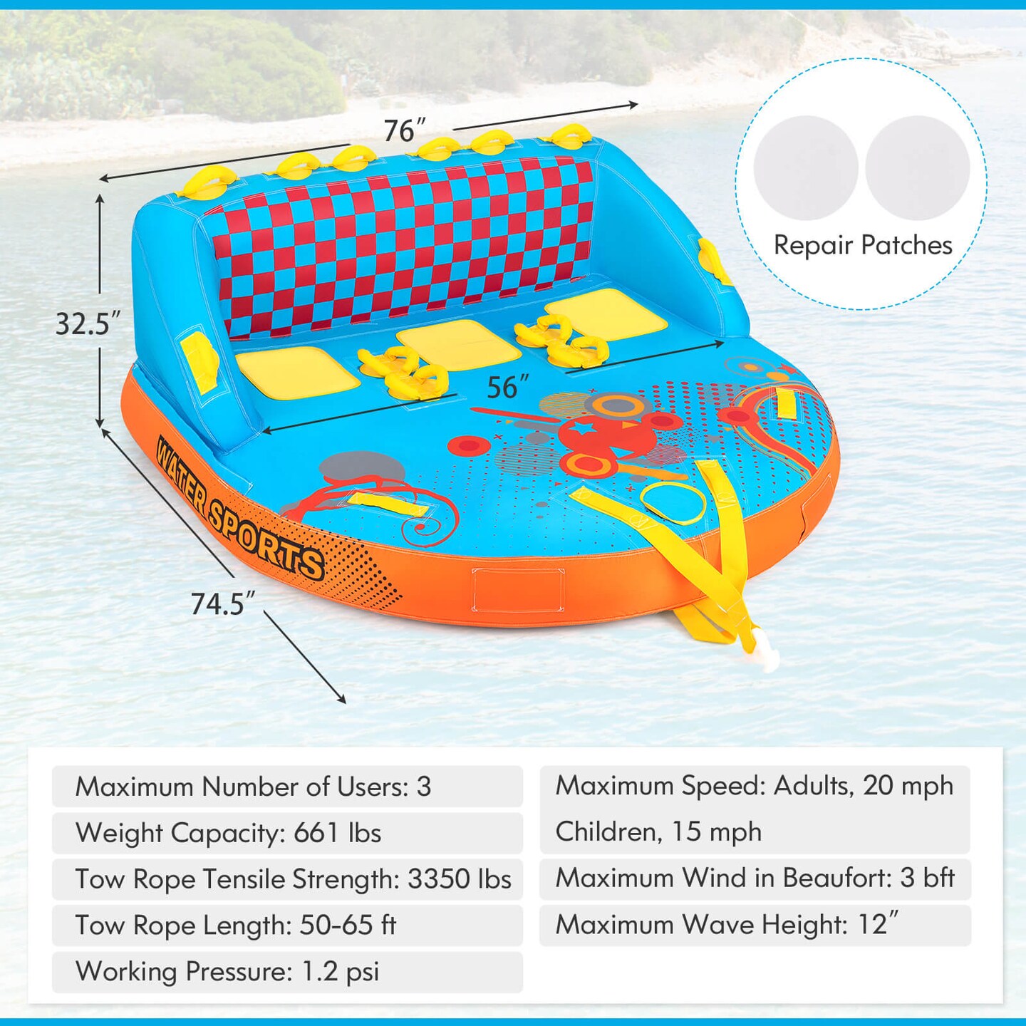 Costway Towable Tube for Boating 3 Riders with Front & Back Tow Points for Towing Rider