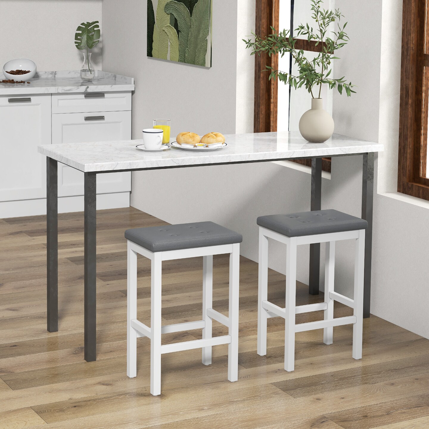 24&#x22; Bar Stools With Padded Seat Footrest And Rubber Wood Frame