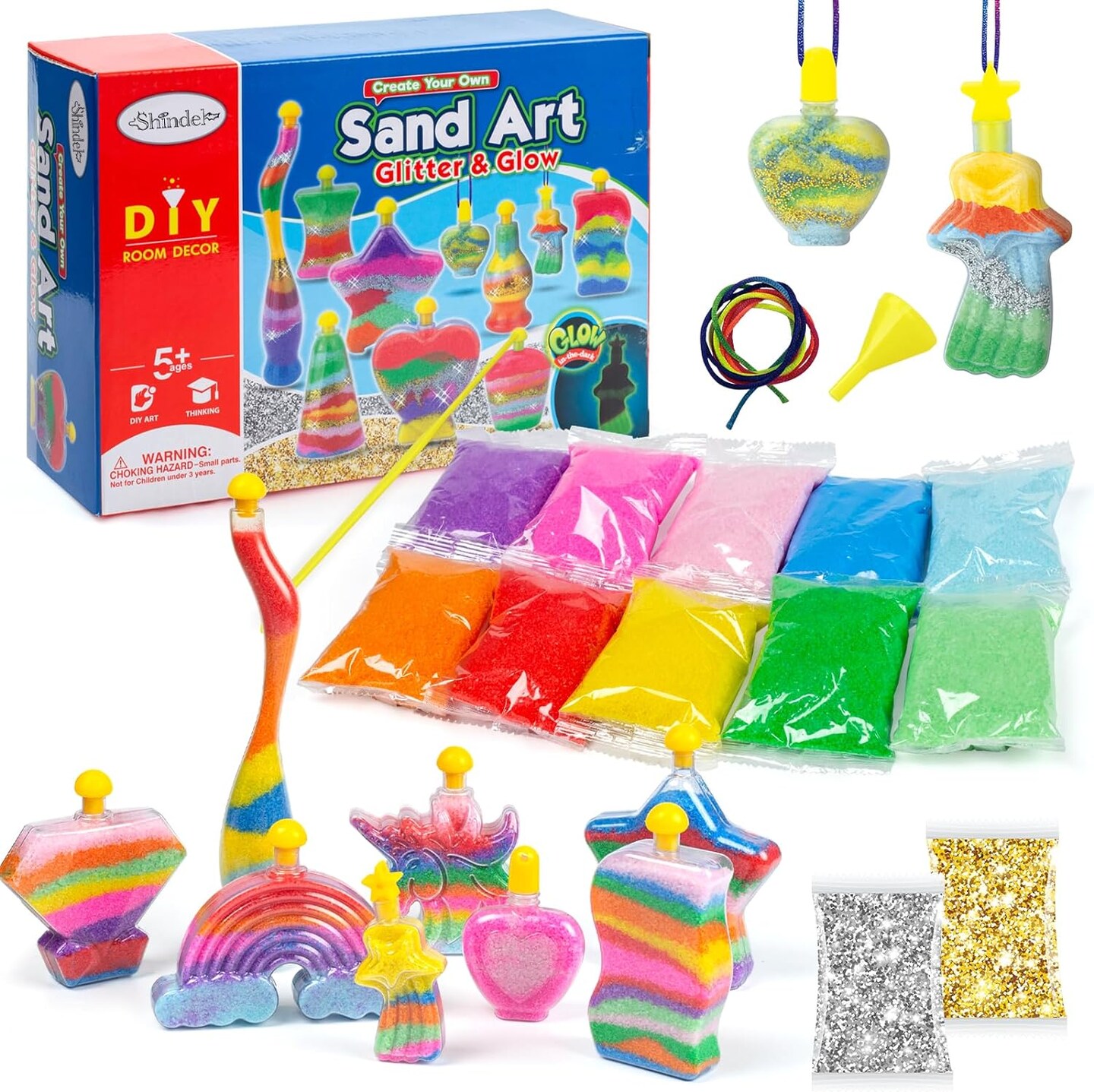 36 Piece Sand Art Kit, Glitter Sand Kit, Rainbow Sand Glow in the Dark with Sequins Bottles, Arts and Crafts for Kids, Great Staycation or Group Activity, Sandbox Toys, Summer Activities.