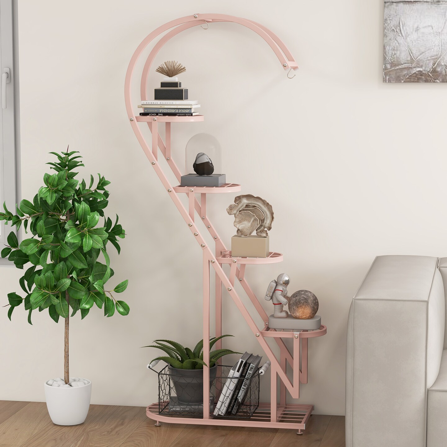 5 Tier Metal Plant Stand With Hanging Hook For Multiple Plants