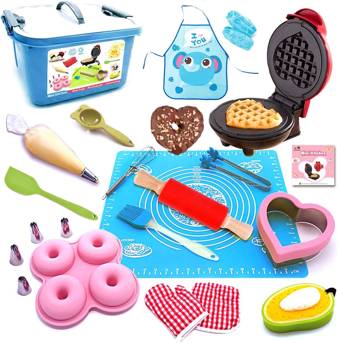 Kids Junior Tiny Real Easy Cooking Play Kitchen Tool Set and Baking Kit 15 Piece Mini Love Waffle Maker Chef Apron Oven Mitt Recipes Easy Bake