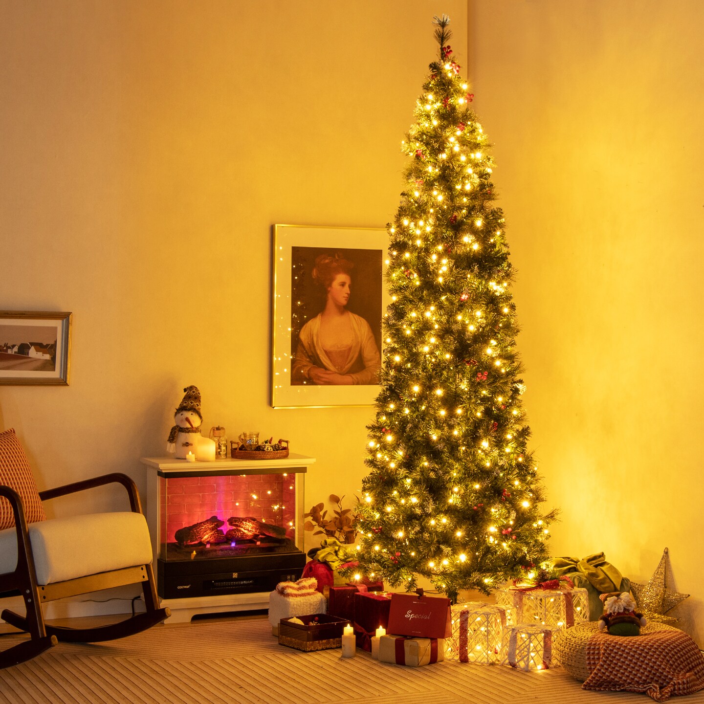 Pre-Lit Artificial Hinged Slim Pencil Christmas Tree
