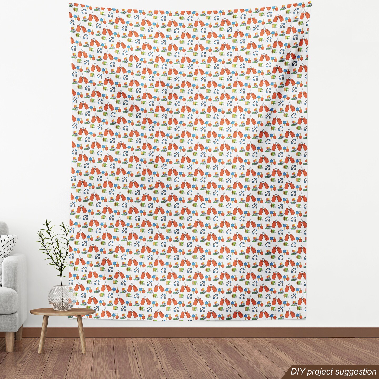 Ambesonne Sports Theme Fabric by the Yard, Repetitive Cartoon Pattern of Boxing Ping Pong Soccer Fitness Gym, Decorative Fabric for Upholstery and Home Accents, Sky Blue Burnt Sienna