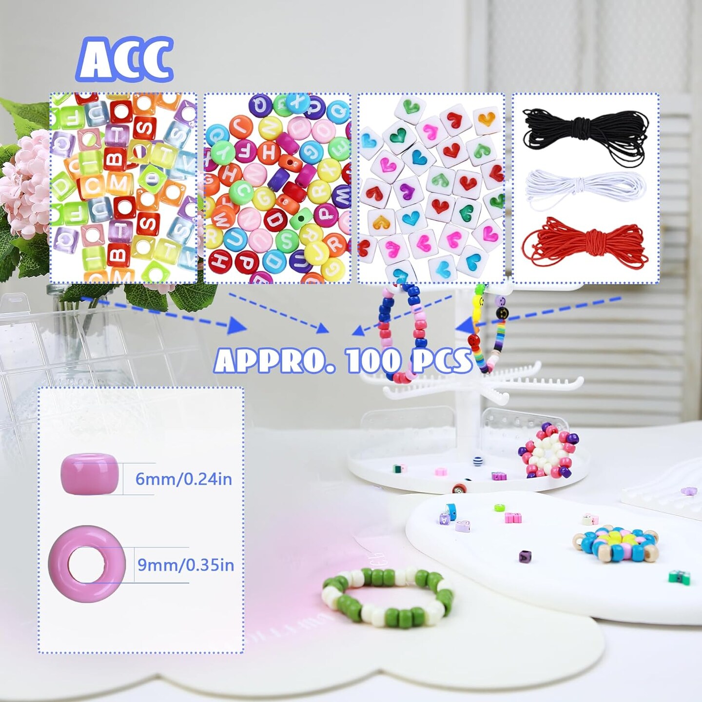700Pcs Pony Beads for Bracelet Making Kit, 600Pcs/24 Colors Plastic Rainbow Hair Bead and 100pcs Letter Beads Charms for DIY Craft Jewelry Making Y2k Customizable Named Beads