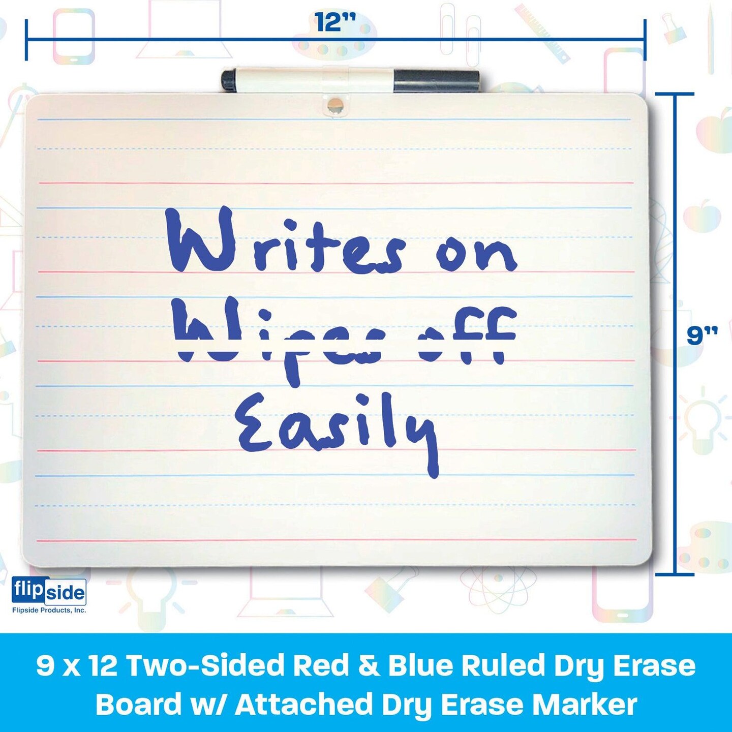 Two-Sided Primary Ruled/Blank Dry Erase Board with Attached Marker, 9&#x22; x 12&#x22;, Pack of 3