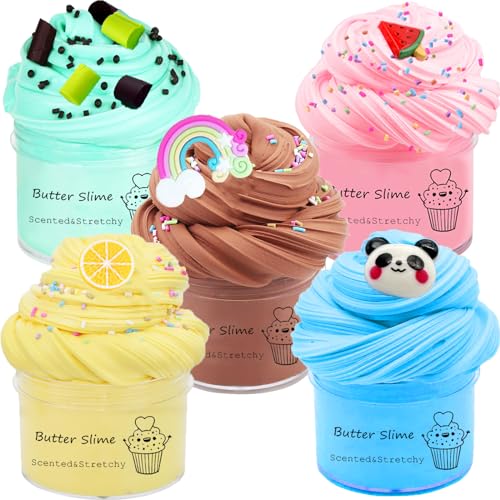 Pugndeb Butter Slime Kit for Party Favors 5 Pack, Scented, Soft and Non-Sticky, Birthday Gifts for Girl Boys, Stress Relief Slime Bulk for Easter Egg Basket fillings