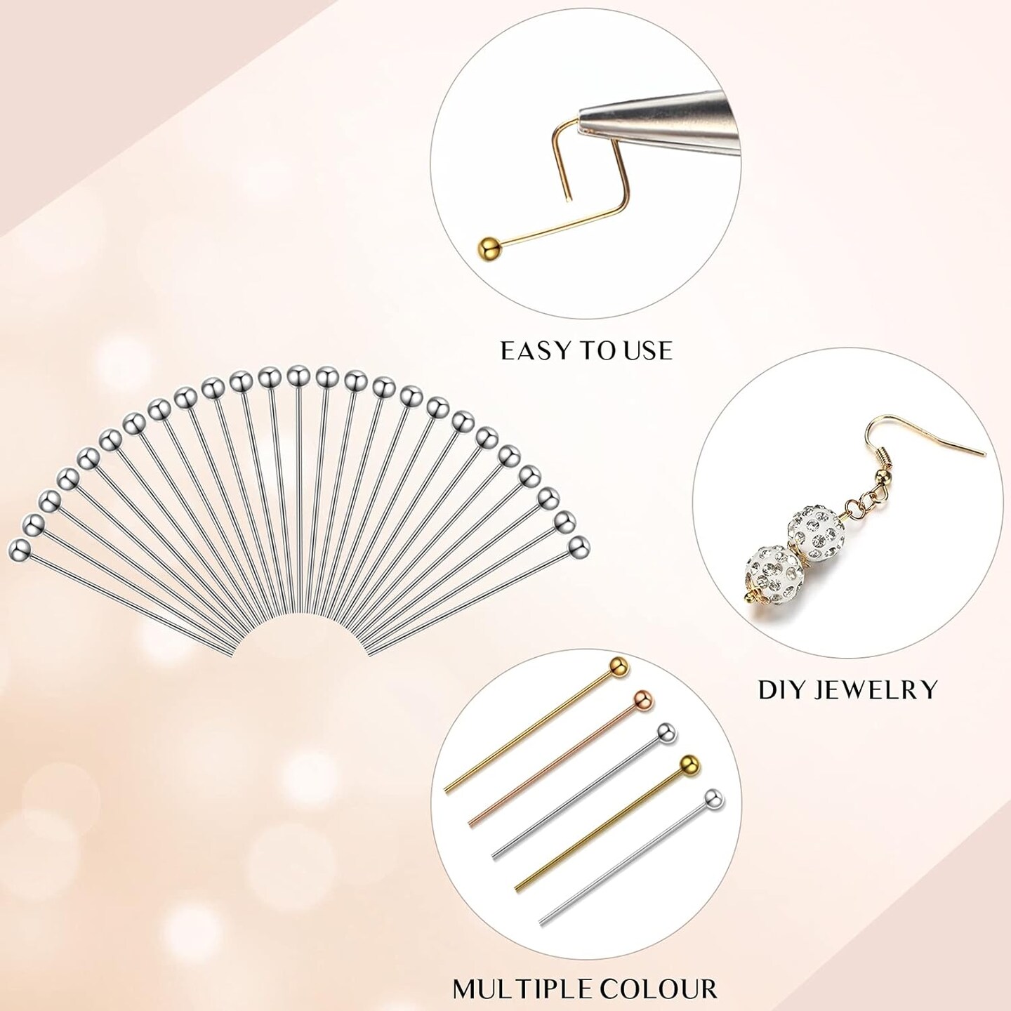1000 Pieces Jewelry Making Silver Gold 16mm 20mm 25mm 30mm Ball Head Pins Needles Brass Long Craft Head Pins for Jewelry Making Bracelet Earring (Multicolor)