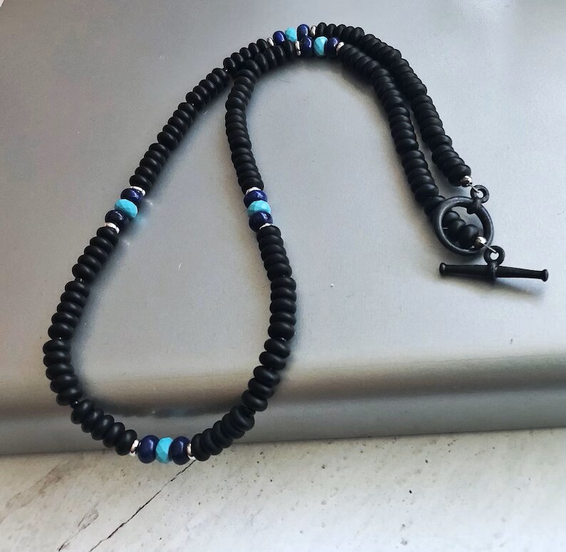 product name is Matte Black Onyx, Turquoise and Lapis Surfer Necklace for Men, Empath Protection,  Gift for Boyfriend, Handmade Jewelry