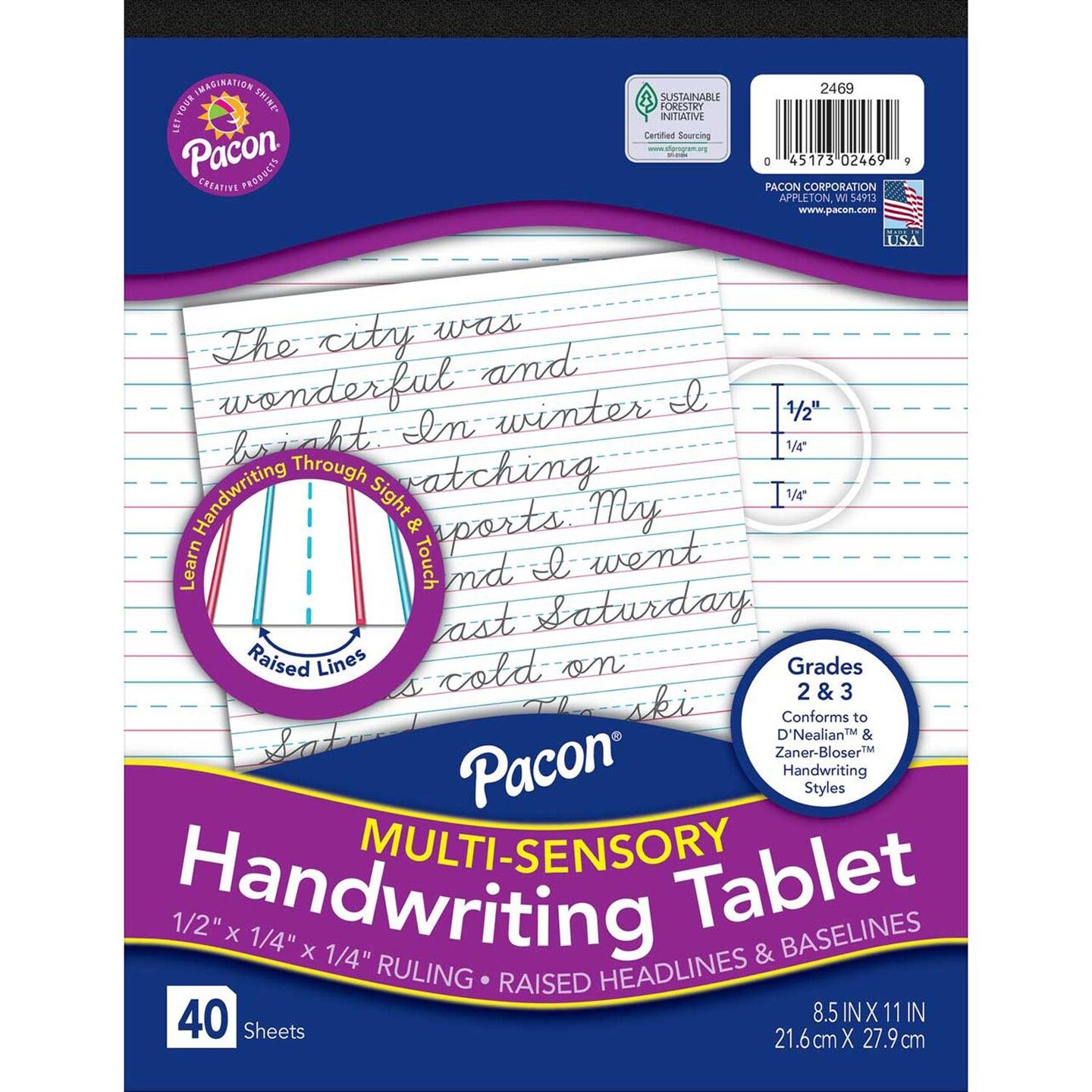 Multi-Sensory Raised Ruled Tablet, Tape-Bound Tablet, 1/2&#x22; x 1/4&#x22; x 1/4&#x22; Ruled Short, 8-1/2&#x22; x 11&#x22;, 40 Sheets, Pack of 3