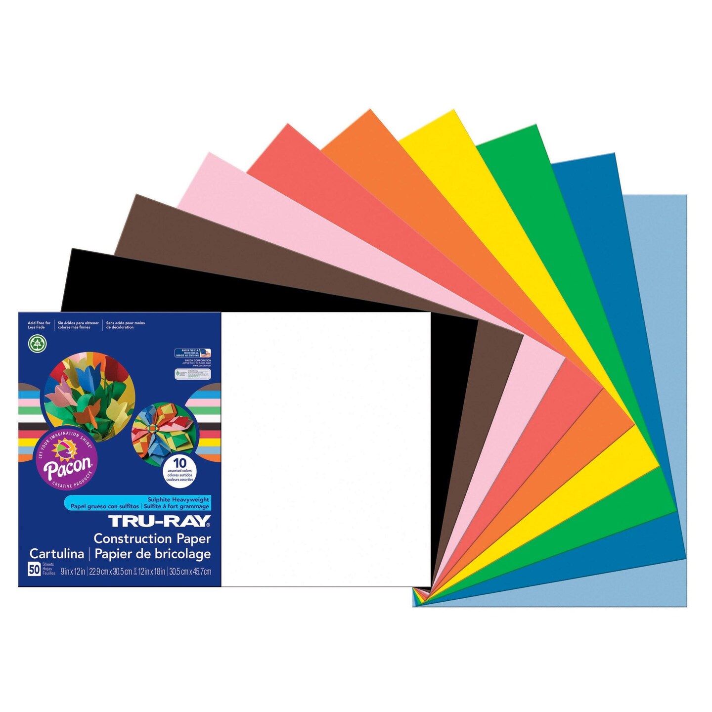 Construction Paper, Standard Assorted, 12&#x22; x 18&#x22;, 50 Sheets Per Pack, 5 Packs