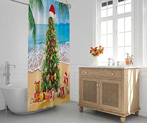Summer Christmas Tree Shower Curtain Tropical Beach Xmas in July New Year Home Bathtubs Bathroom Curtain Decoration Set 12 Hooks Washable Durable Polyester Fabric 72&#x22; x 72&#x22;
