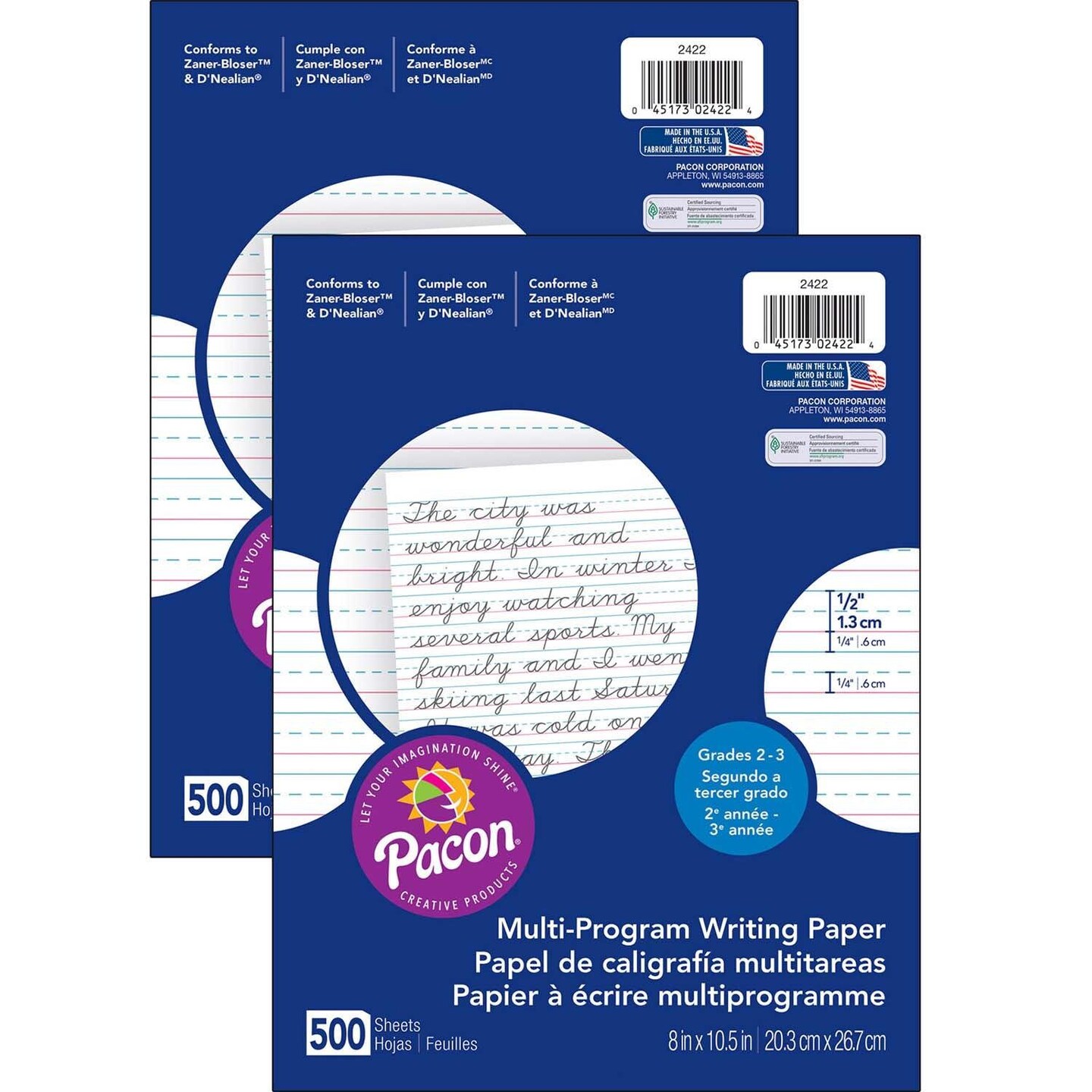 Multi-Program Handwriting Paper, 1/2&#x22; Ruled (Short Way), White, 10-1/2&#x22; x 8&#x22;, 500 SheetsPer Pack, 2 Packs