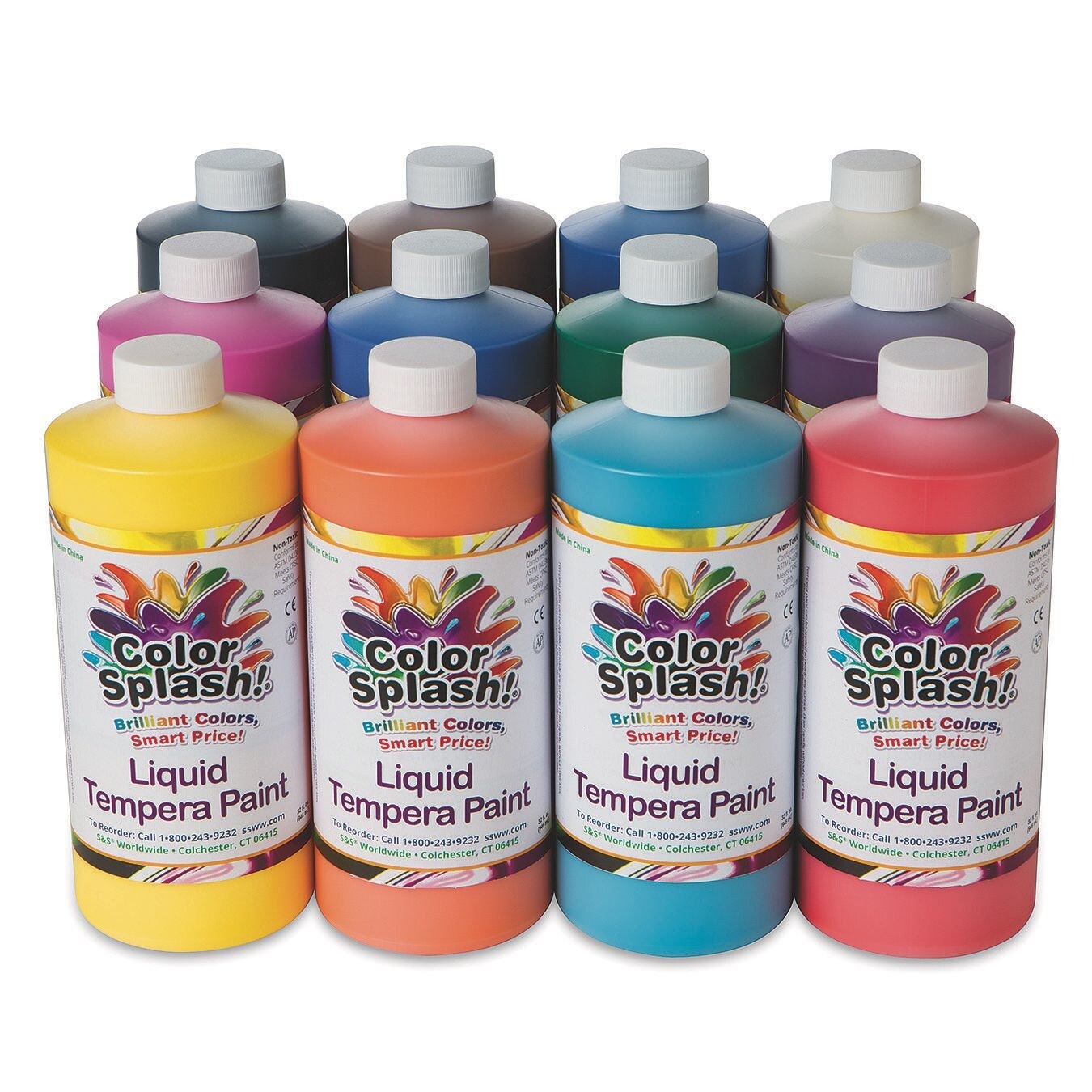 S&#x26;S Worldwide Color Splash! Liquid Tempera Bulk Paint, Set of 12 in 11 Bright Colors, 32-oz Easy-Pour Bottles, Great for Arts &#x26; Crafts, School, Classroom, Poster Paint, For Kids &#x26; Adults, Non-Toxic.