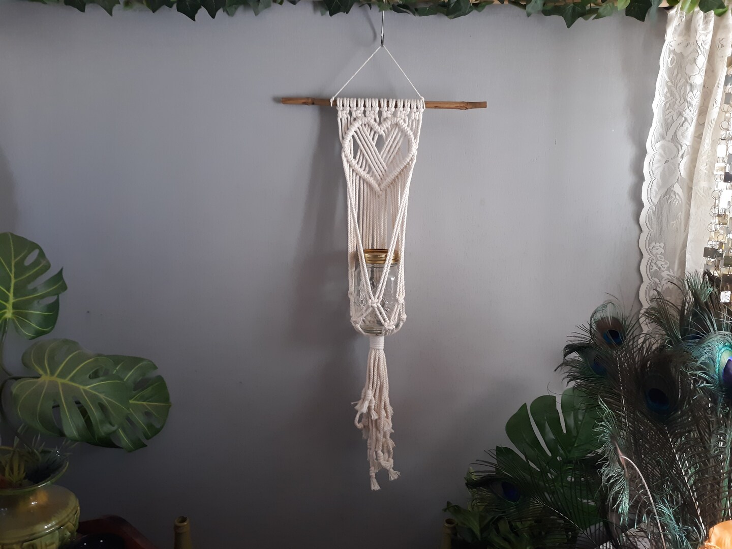 Hanging Planter, Heart Macrame Planter Holder for Mason Jar Herb Garden,  Indoor Plant Hanger, Wedding Decor for Farmhouse Theme