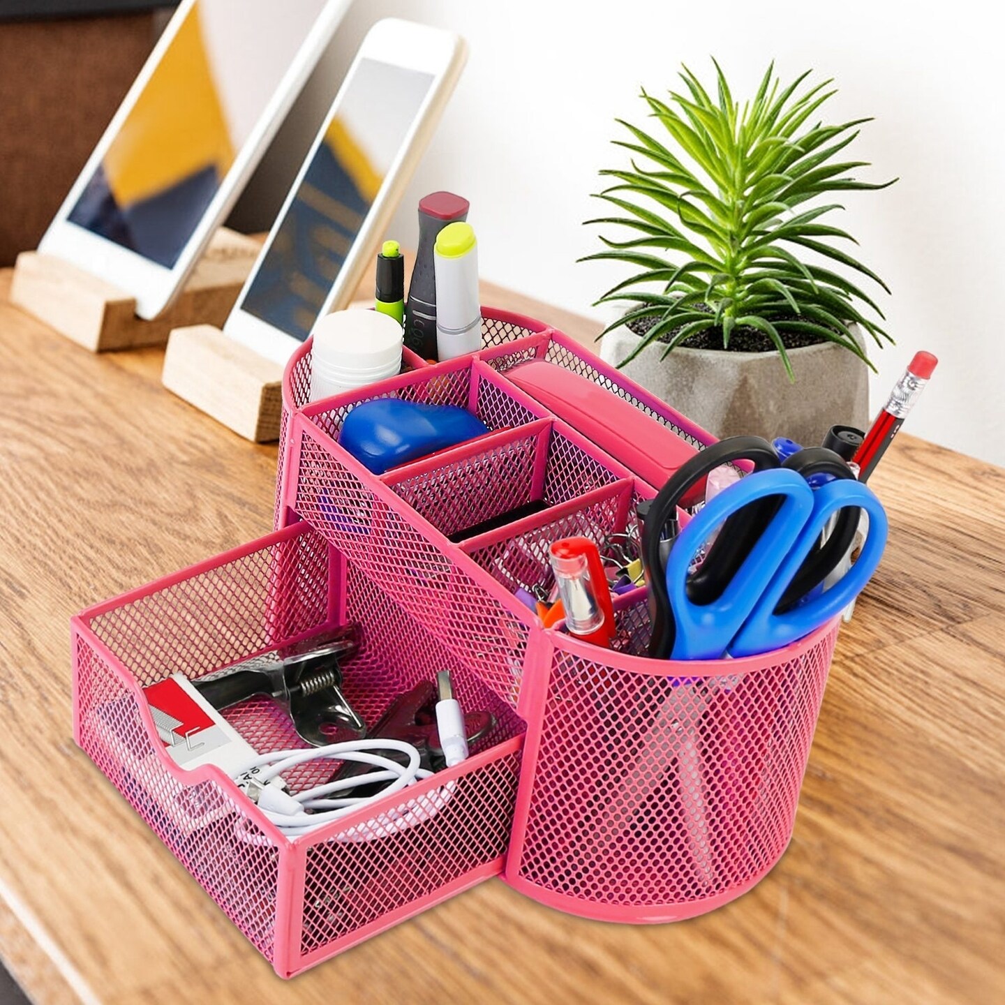 Metal Mesh Pencil Holder Desk Organizer 9 Compartments Hot Pink Portable Storage