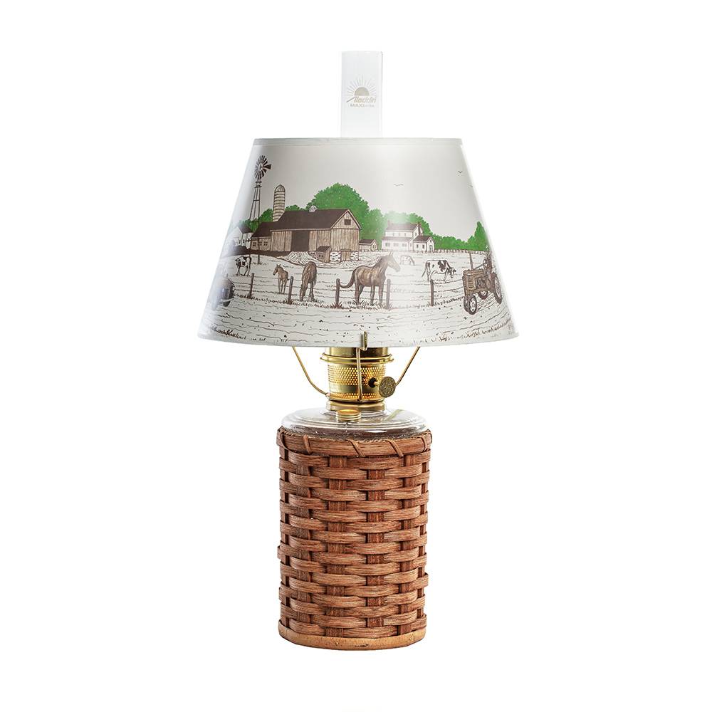 Aladdin Heartland Wicker Oil Lamp with Peace Love Farm Shade, Brass