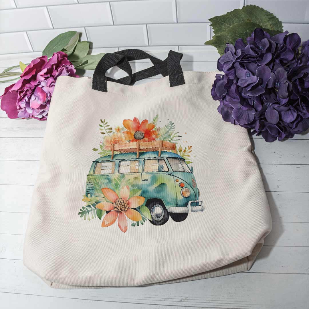 Retro Style Hipppie Van with Flowers Beach Themed Tote Bag Medium Tote Bag