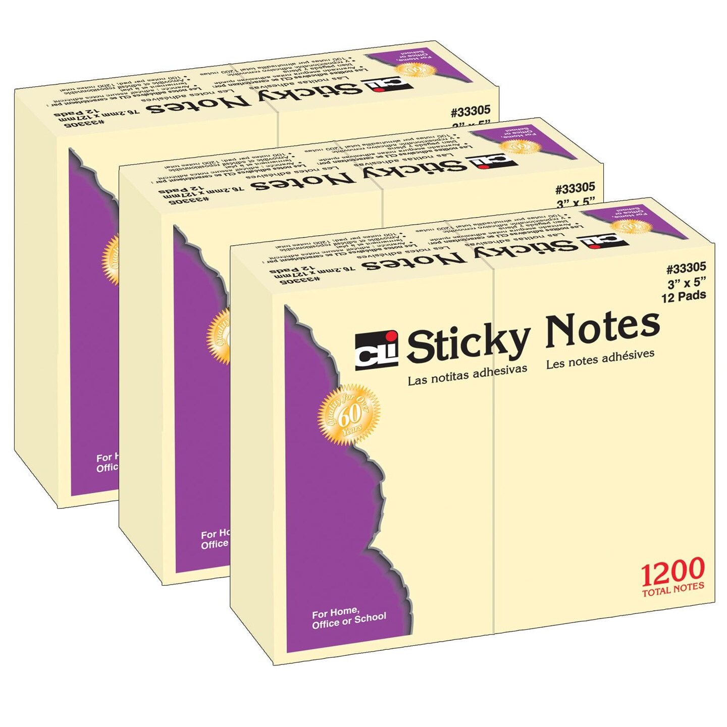Sticky Note Pads, 3&#x22; x 5&#x22; Plain, 12 Per Pack, 3 Packs