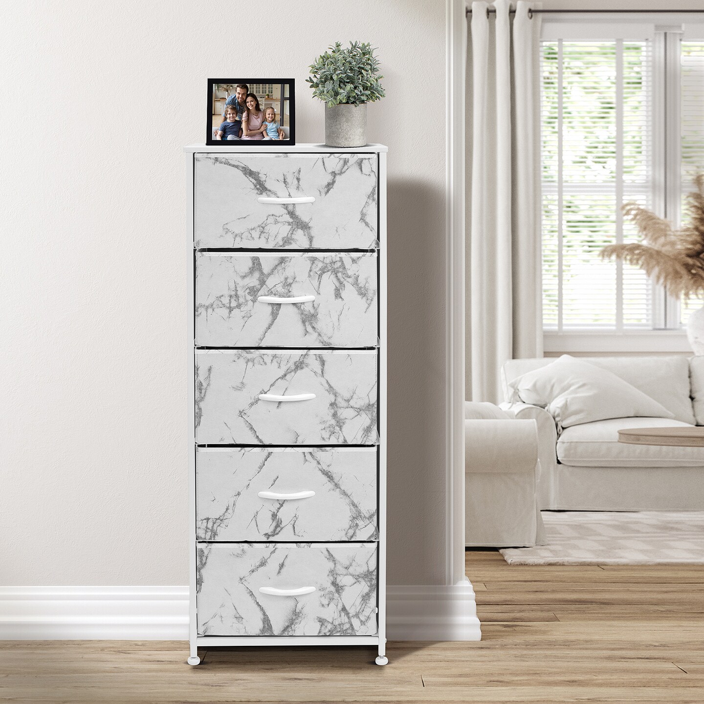 Sorbus Narrow 5 Drawers Nightstand with Steel Frame, Wood Top, Easy Pull Fabric Bins for Home, Bedroom, Office & Dorm