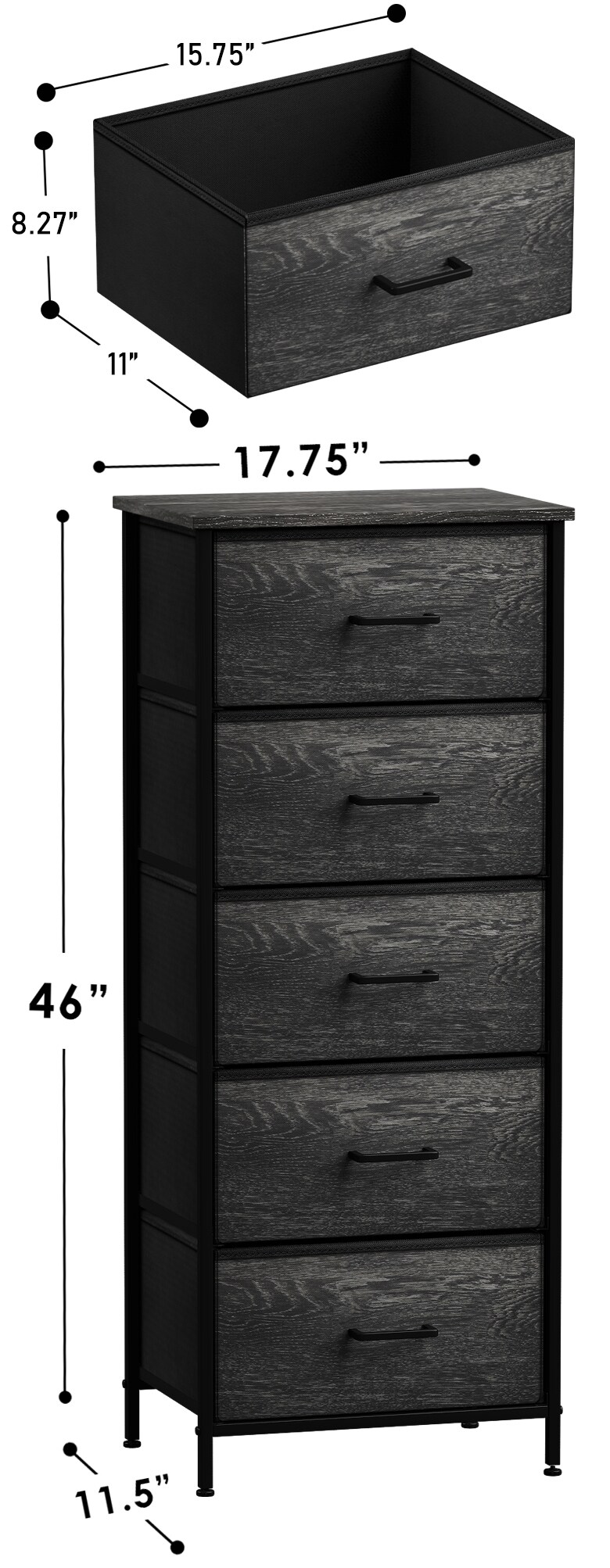 Sorbus Narrow 5 Drawers Nightstand with Steel Frame, Wood Top, Easy Pull Fabric Bins for Home, Bedroom, Office & Dorm