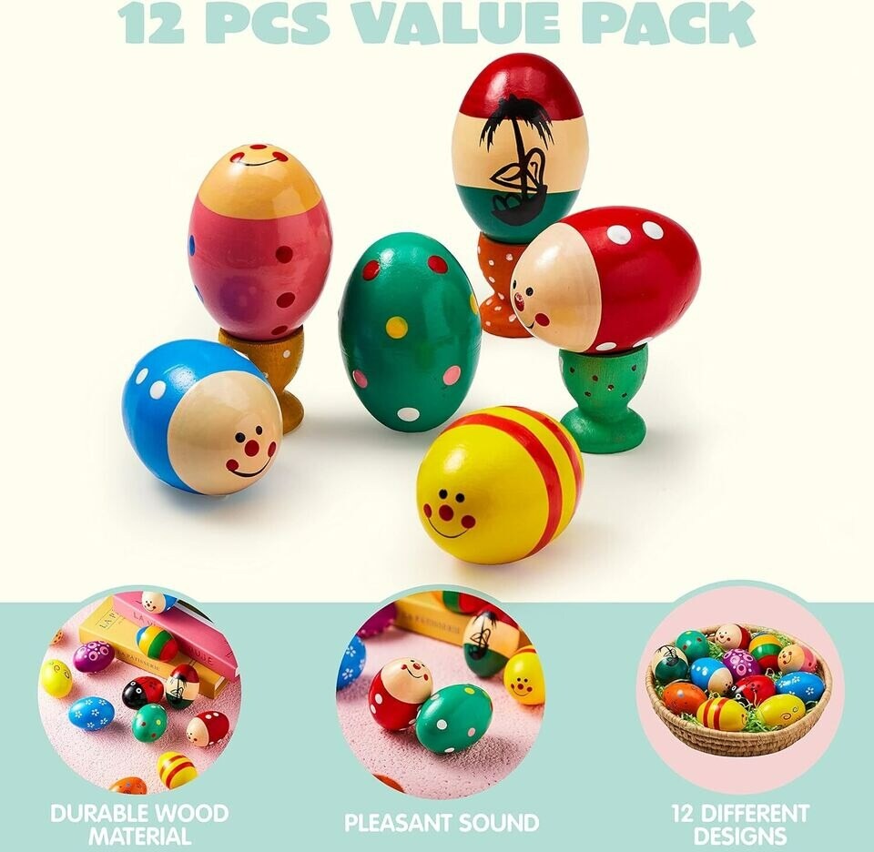 12 Pcs 3" Wooden Egg Shakers Maracas Percussion Musical for Party Favor