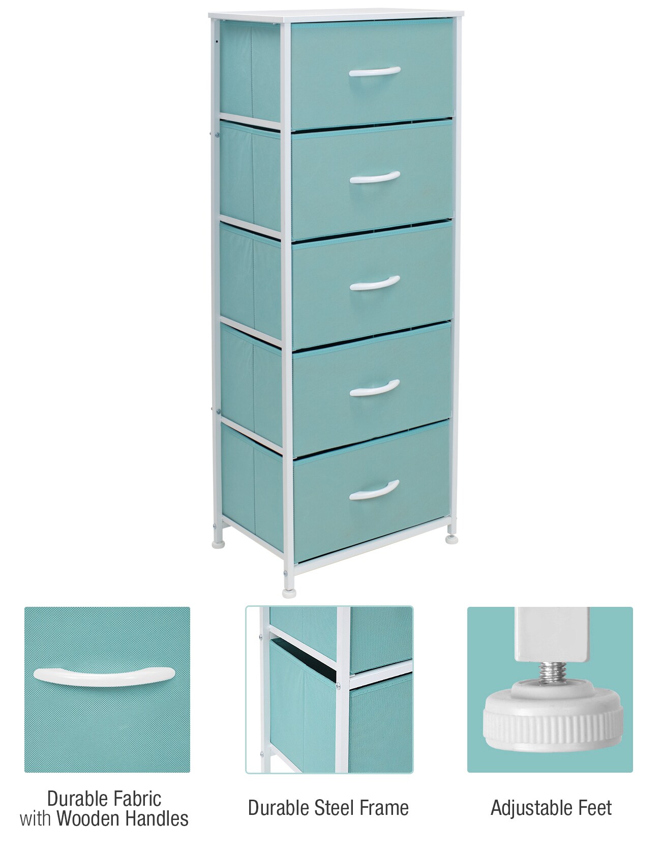 Sorbus Narrow 5 Drawers Nightstand with Steel Frame, Wood Top, Easy Pull Fabric Bins for Home, Bedroom, Office & Dorm