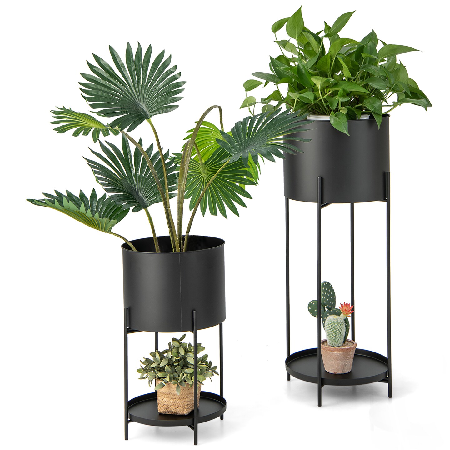 Costway 2 Metal Planter Pot Stand Modern Decorative Flowerpots Set with Drainage Holes