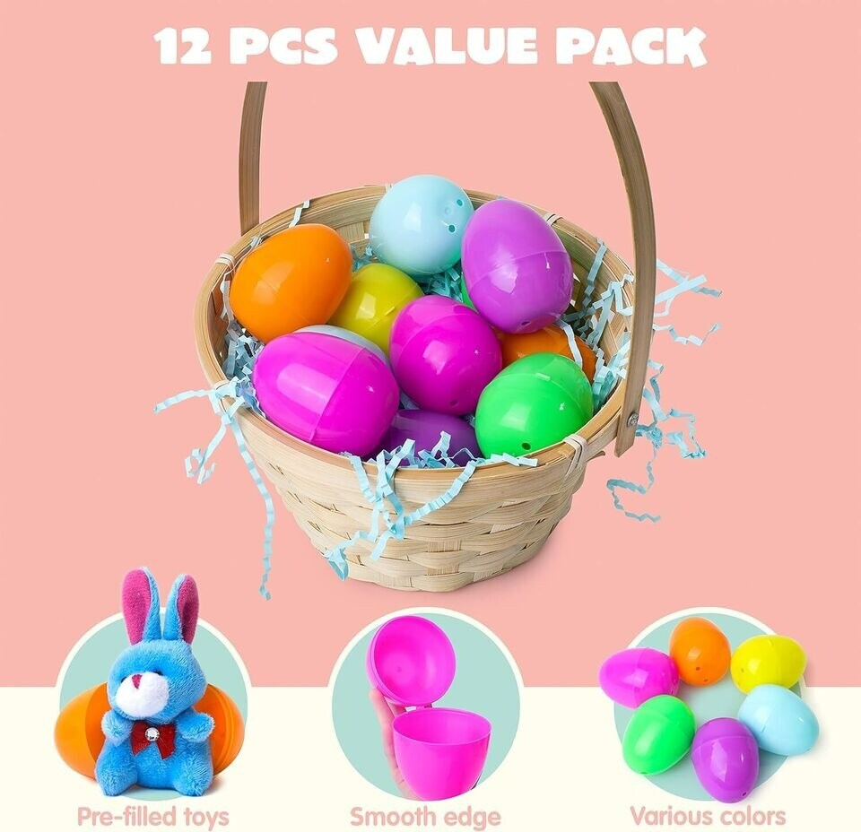 12 Pcs Filled Easter Eggs with Plush Bunny, Bright Colorful Bunnies for Kids