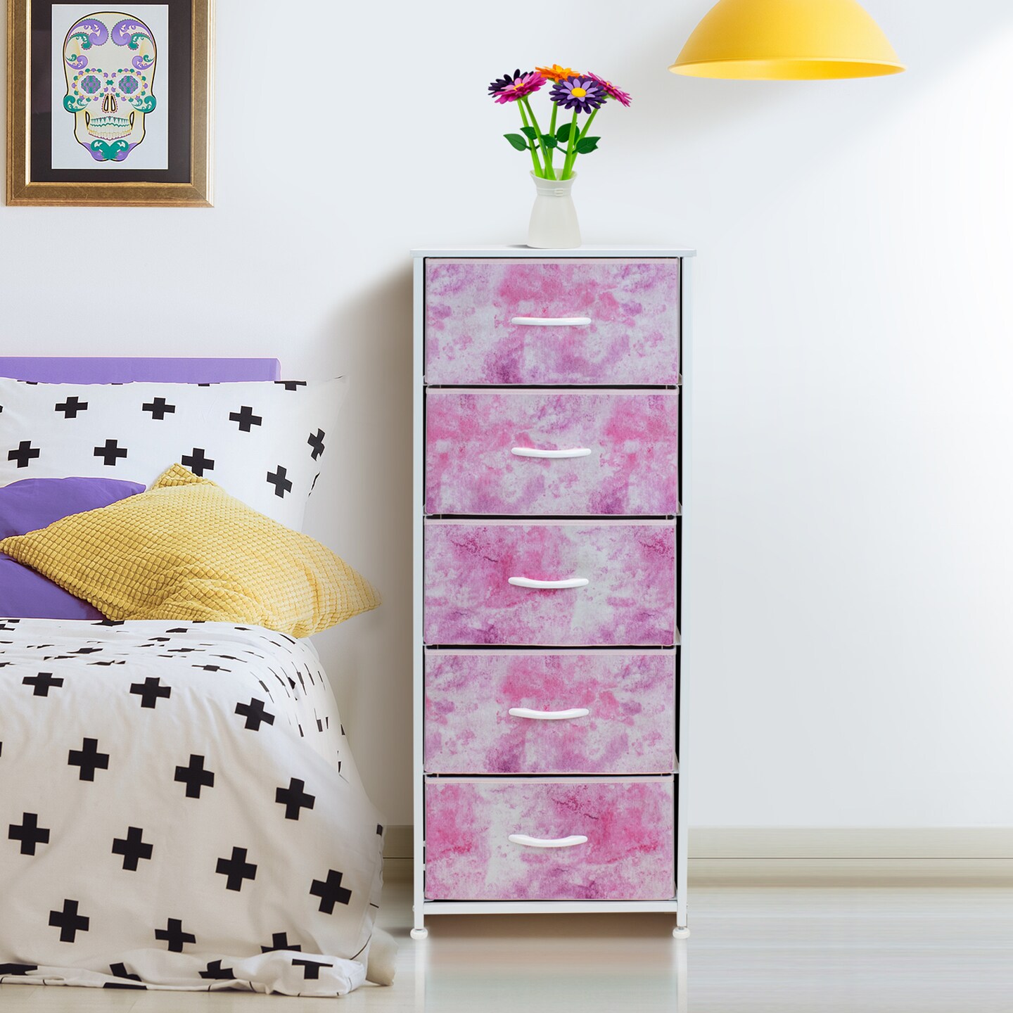 Sorbus Narrow 5 Drawers Nightstand with Steel Frame, Wood Top, Easy Pull Fabric Bins for Home, Bedroom, Office & Dorm