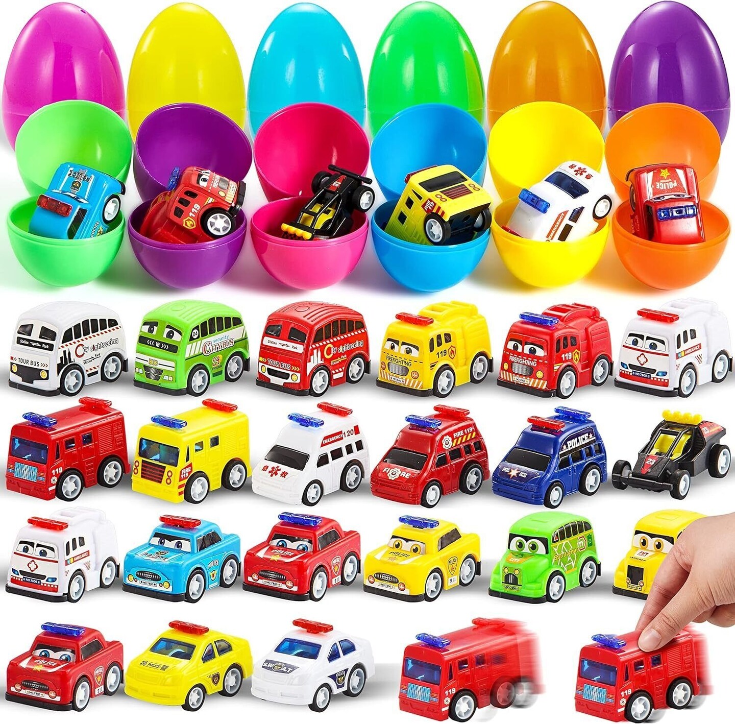 24 Pcs Mini Pull Back City Cars Prefilled Easter Eggs with Vehicle Toys for Kids