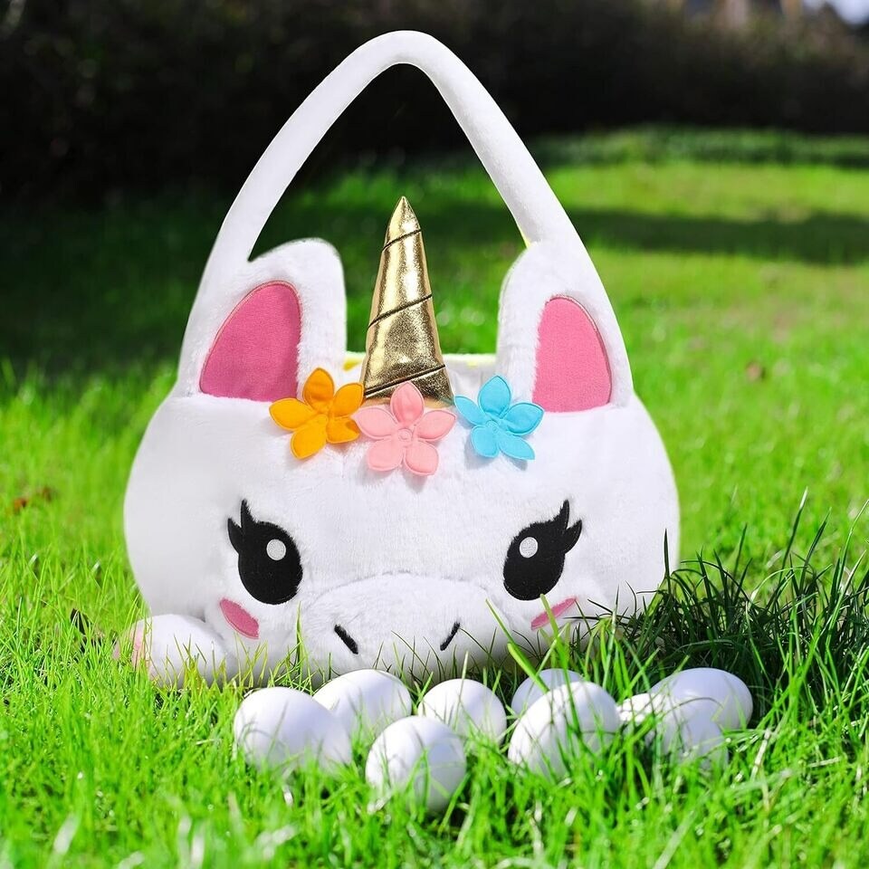 Large Unicorn Basket 17" x 10.5", Easter Plush 3D Unicorn Basket for Baby Girls