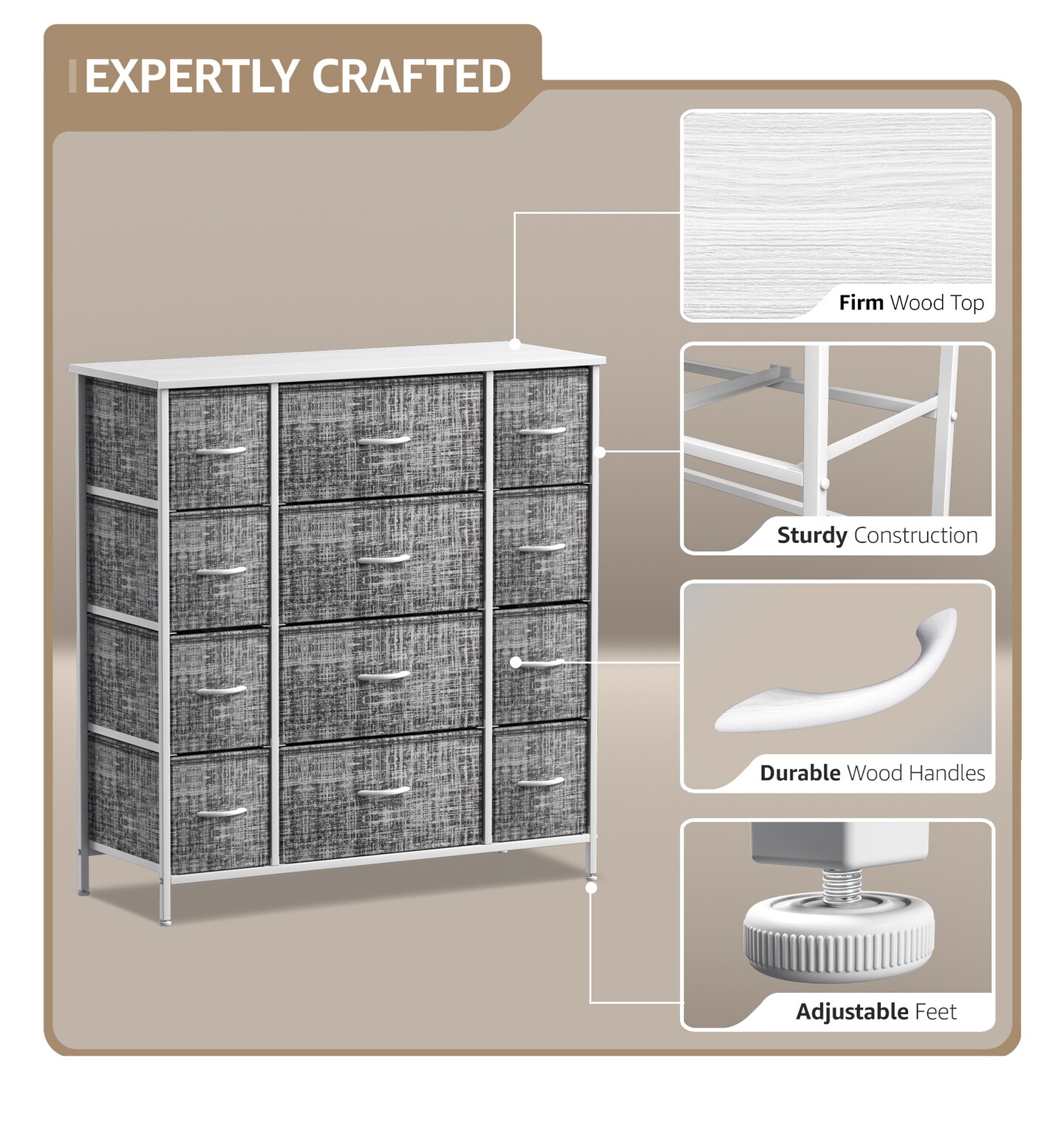 Sorbus Dresser with 12 Drawers - Chest Organizer Unit with Steel Frame Wood Top and handle - Large Dresser for Bedroom, Nursery & etc