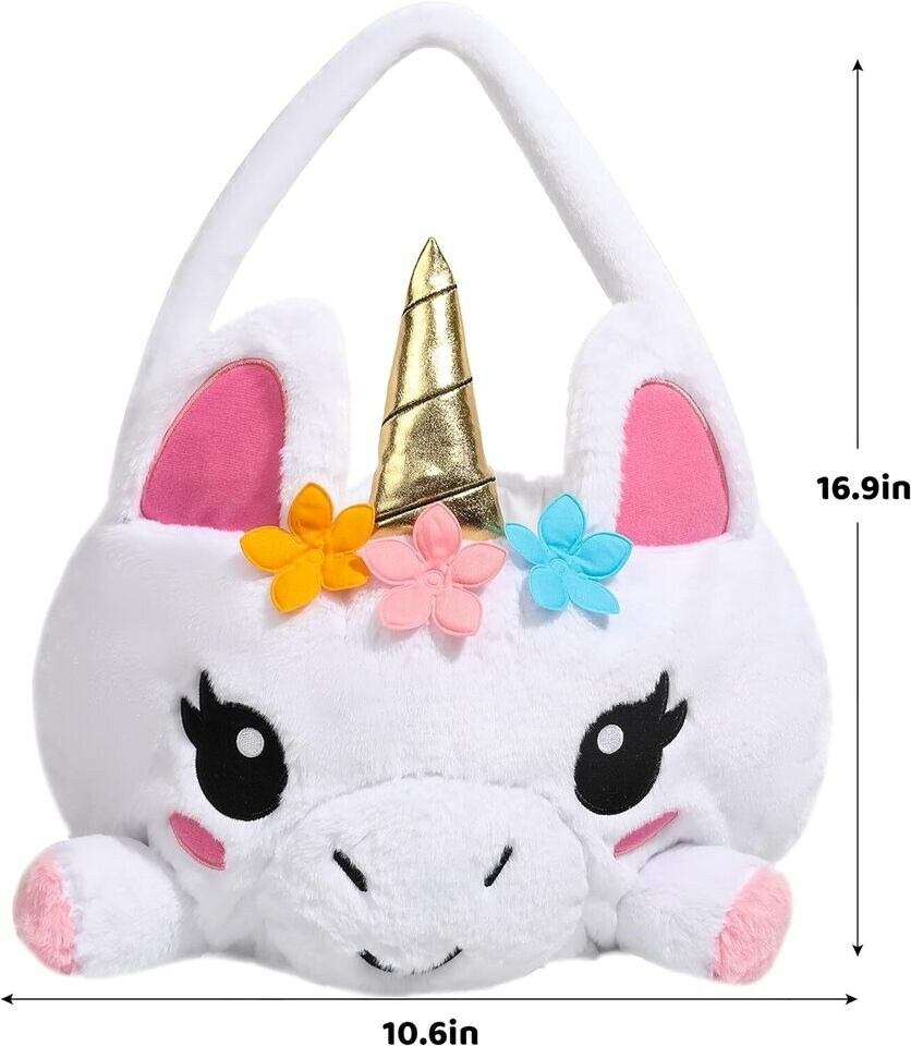 Large Unicorn Basket 17" x 10.5", Easter Plush 3D Unicorn Basket for Baby Girls