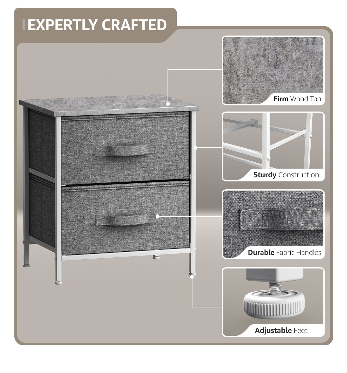 Sorbus Nightstand with 2 Drawers - Steel Frame, Wood Top & Easy Pull Fabric Bins - Great for Home, Bedroom, Office & College Dorm