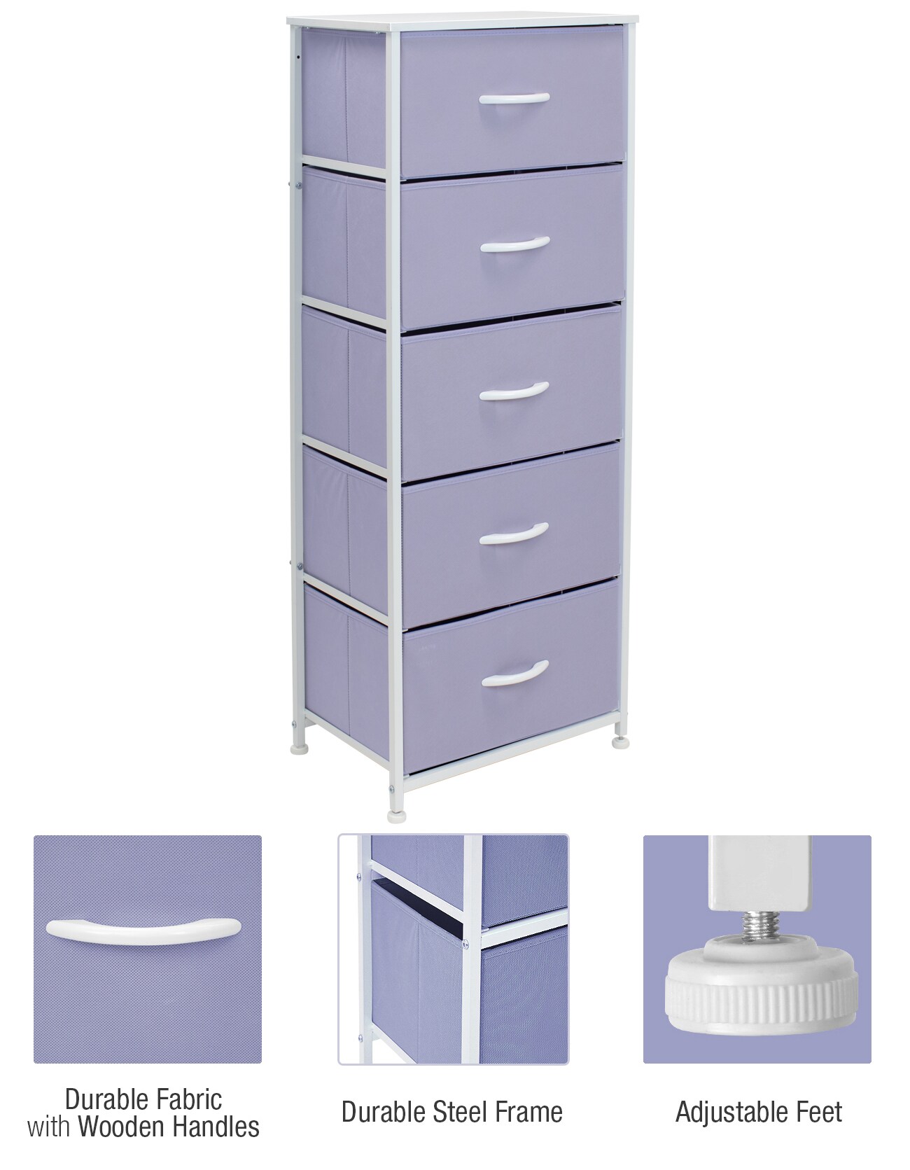 Sorbus Narrow 5 Drawers Nightstand with Steel Frame, Wood Top, Easy Pull Fabric Bins for Home, Bedroom, Office & Dorm