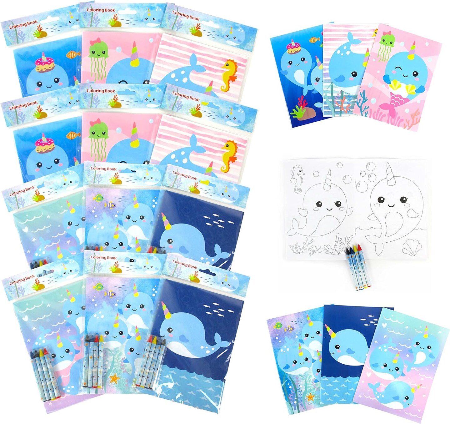 TINYMILLS Narwhals Coloring Book and Crayon Set for Kids Party Favors with 12 Coloring Books and 48 Crayons