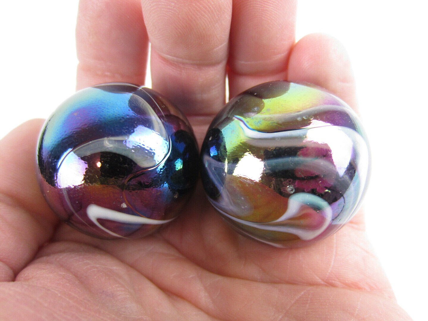2 Boulders35mm MILKY WAY Marbles glass ball oil slick large huge Swirl