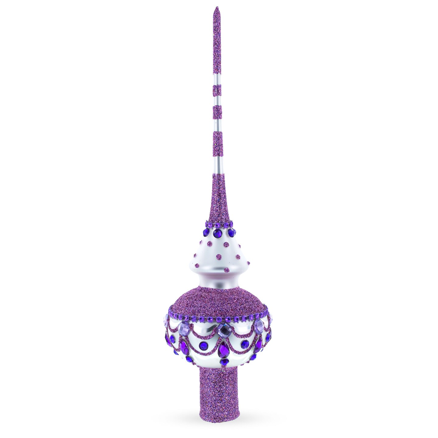 Dimensional Jeweled Purple Chandelier on White Artisan Hand Crafted Mouth Blown Glass Christmas Tree Topper 11 Inches