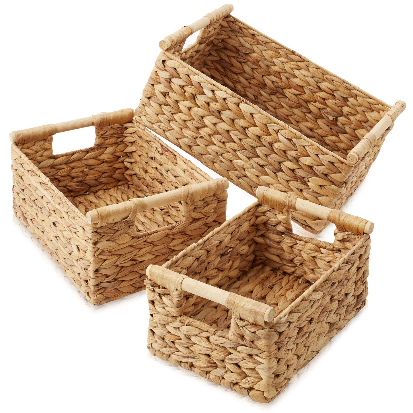 Casafield Set of 3 Water Hyacinth Rectangular Storage Baskets with Wooden Handles - Small, Medium, and Large Woven Nesting Baskets for Organizing