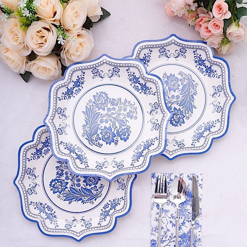 25 White Blue 10 in Floral Disposable Dessert Paper PLATES