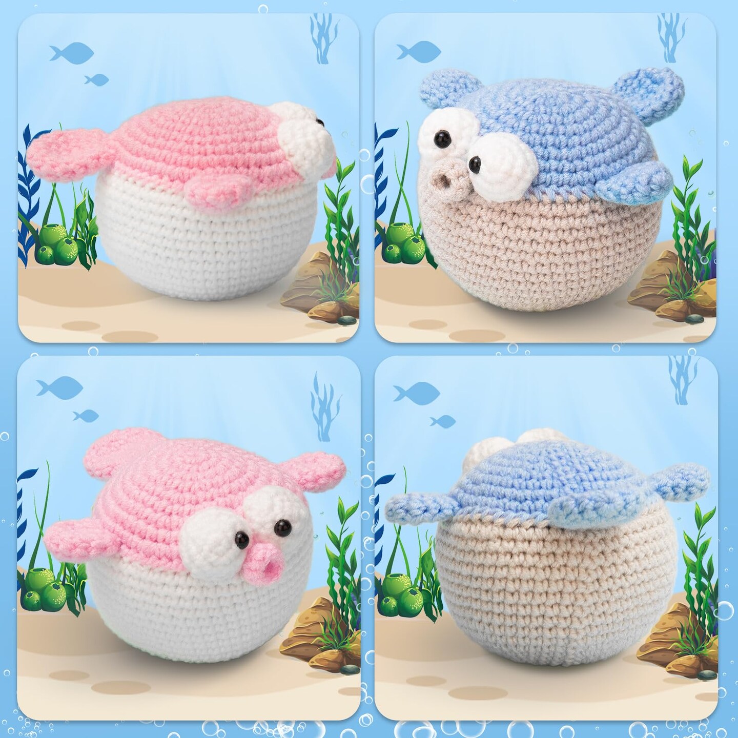 Crochet Kit for Beginners, Beginner Crochet Starter Kit with Step-by-Step Video Tutorials, Learn to Crochet Kits for Adults and Kids, DIY Knitting Supplies, 2 Pack Pufferfish (40%+ Yarn)