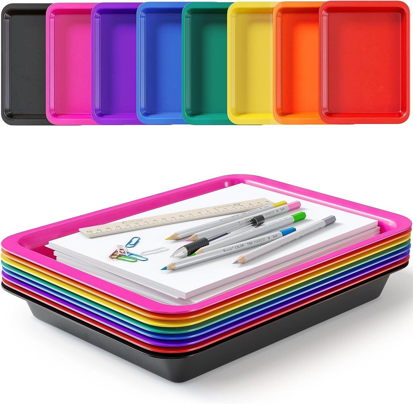 Set of 8 Kids Activity Plastic Trays - Toddler Arts and Crafts Sensory Tray - Rainbow Classroom Colors - Great for Lego - Sand - Crafts - Orbeez Water Beads - Painting - Montessori Tray - Art Tray