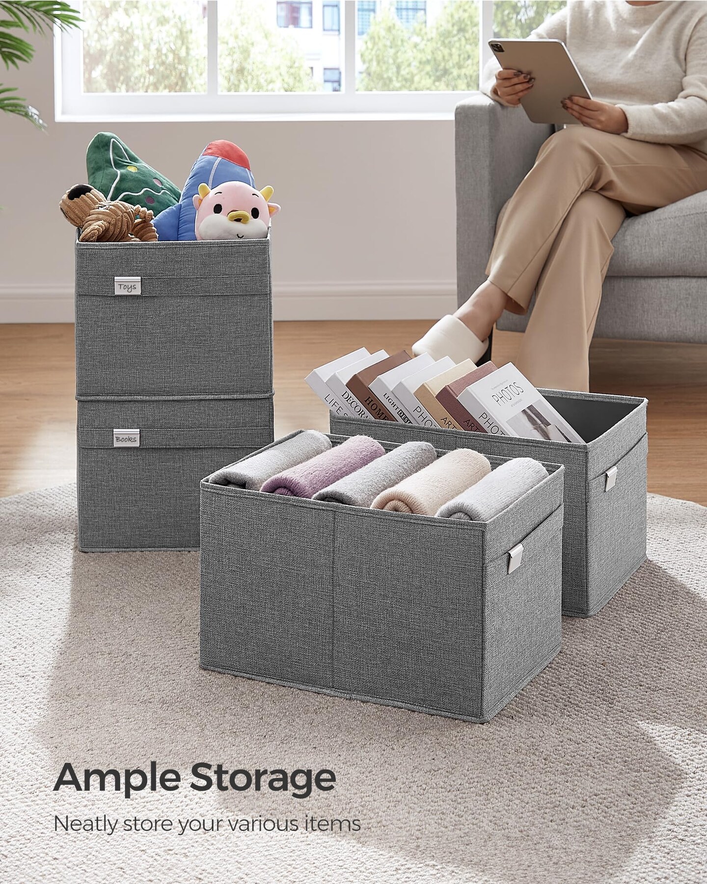 2 Pieces Storage Baskets,  Extra Large Storage Bins for Organizing, 15.7 x 11.8 x 9.8 Inches, Fabric Storage Cubes for Shelves, Easy to Clean, Foldable, 2 Handles, Dove Gray UROB240G02